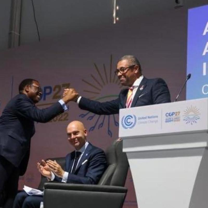 From left to right: African Development Bank Group President Akinwumi Adesina and British Foreign Secretary James Cleverly at COP27